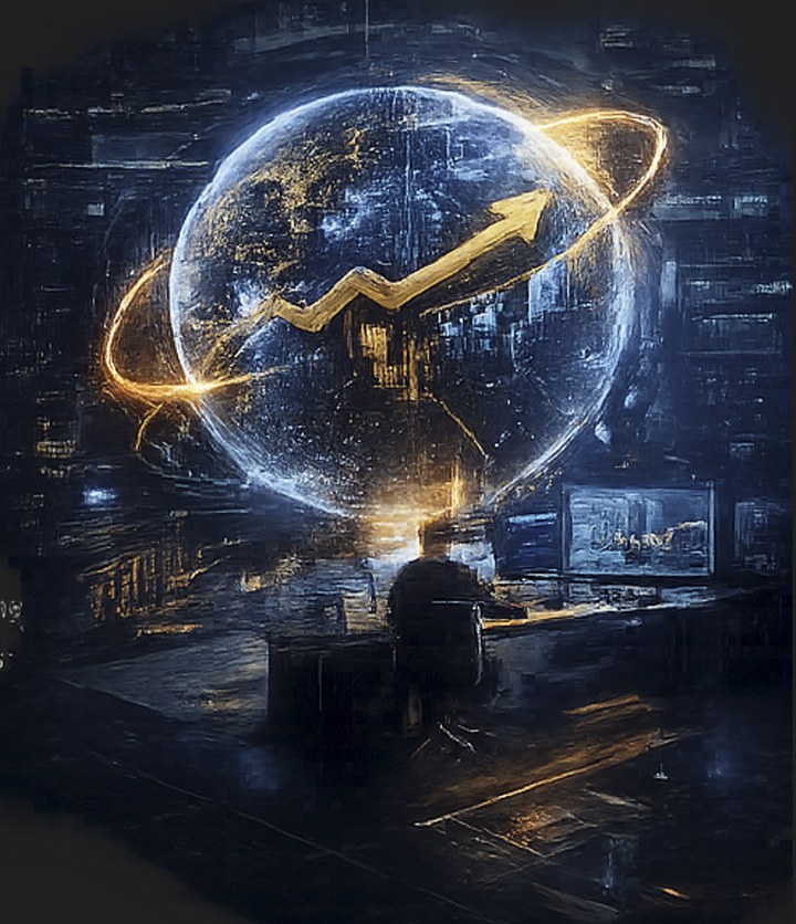 A trading desk under a lit globe, capital moving around it
